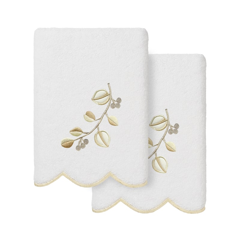 Authentic Hotel and Spa 100% Turkish Cotton WILD BRANCH Scallop Embellished Towel Collection - White/Beige - 2 Hand Towels
