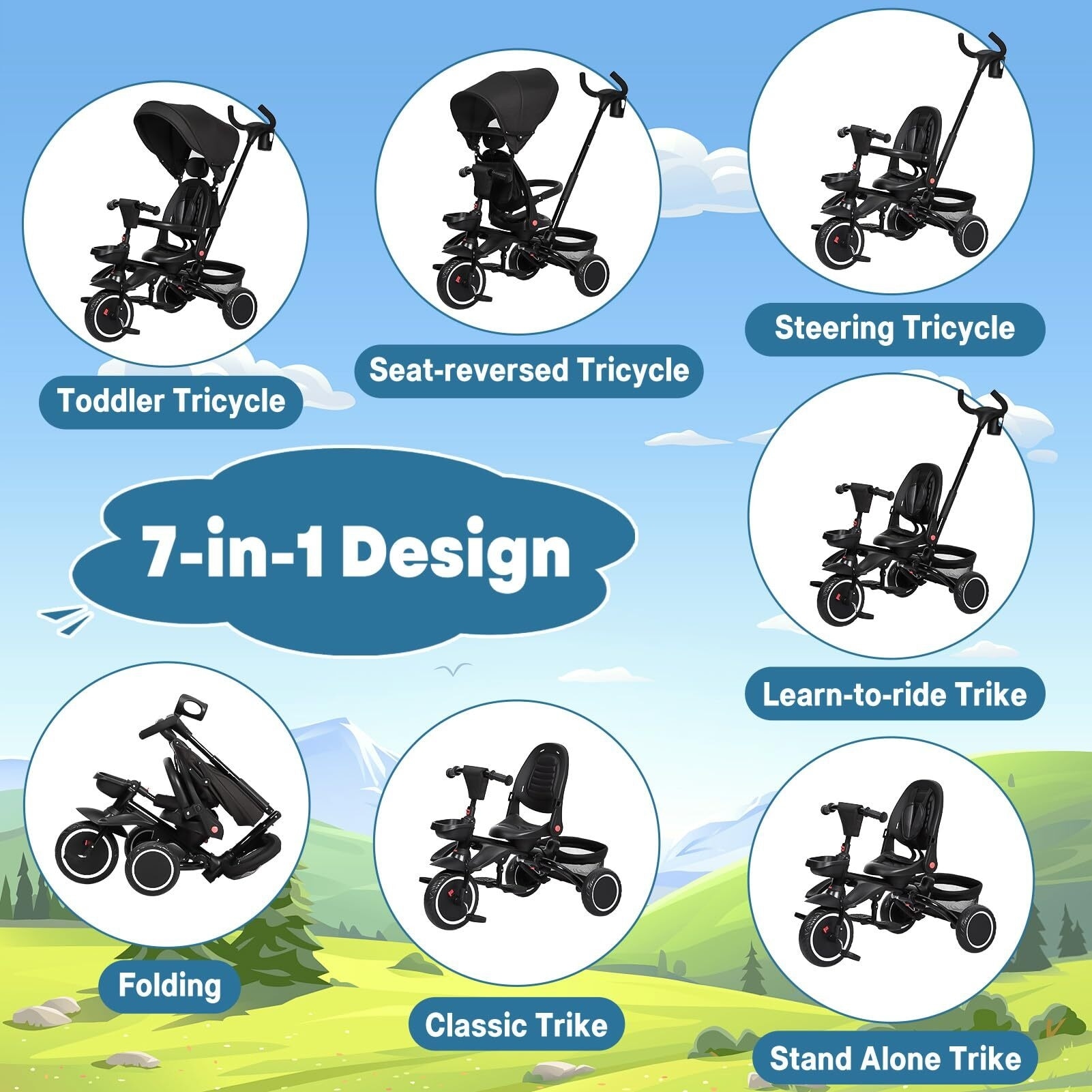 Baby Tricycle 7 in 1 Folding Toddler Bike w Removable Adjustable Push Handle Black