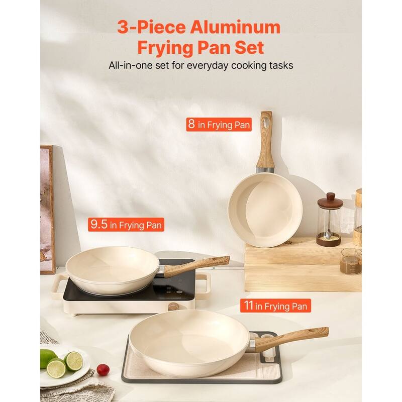 3-Piece Aluminum Frying Pan Set Nonstick Skillets Heat-Resistant Handles for All Stovetops - Large Pan Size: 19 x 11 x 3 in