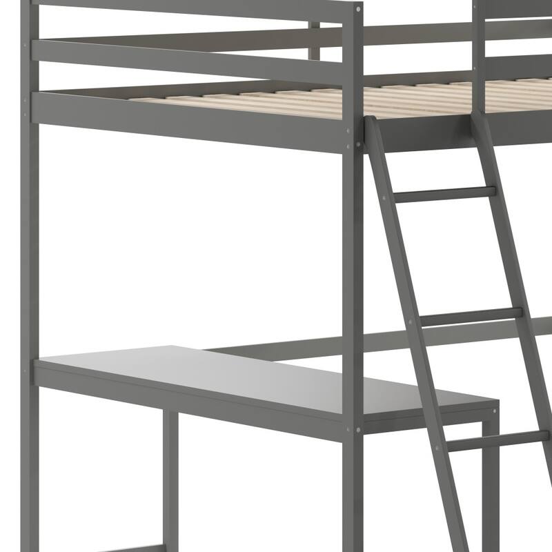 Traditional Wood Slat Loft Bed with Integrated Desk & Ladder