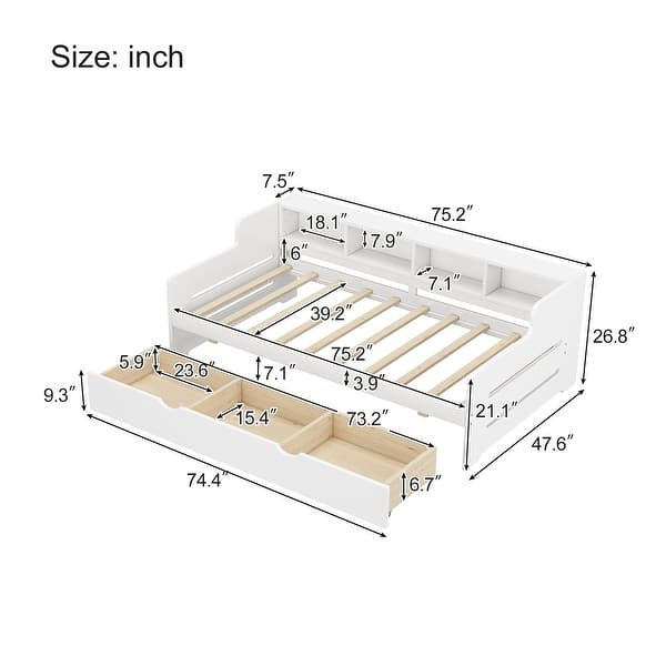 Twin Size Daybed Bed Frame with Trundle - White