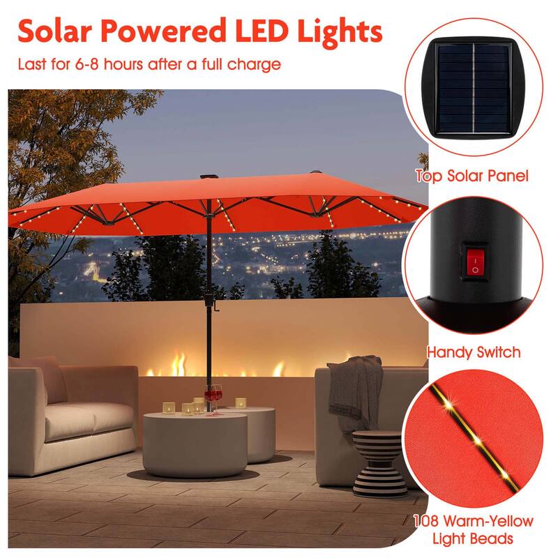 Costway 13 FT Large Patio Umbrella with LED Solar Lights Crank Handle