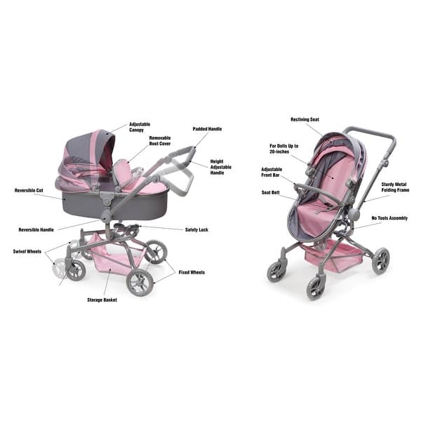 dimension image slide 1 of 2, Badger Basket Daydream Multi-Function Single Doll Pram & Stroller - Gray/Pink