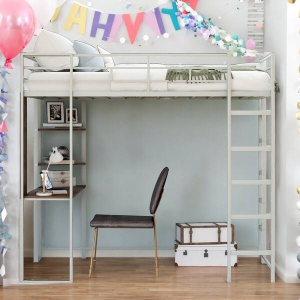 slide 2 of 20, Twin Size Metal Loft Bed With 2 Shelves And 1 Desk,2 Built-in Ladders,Solid Construction Silver