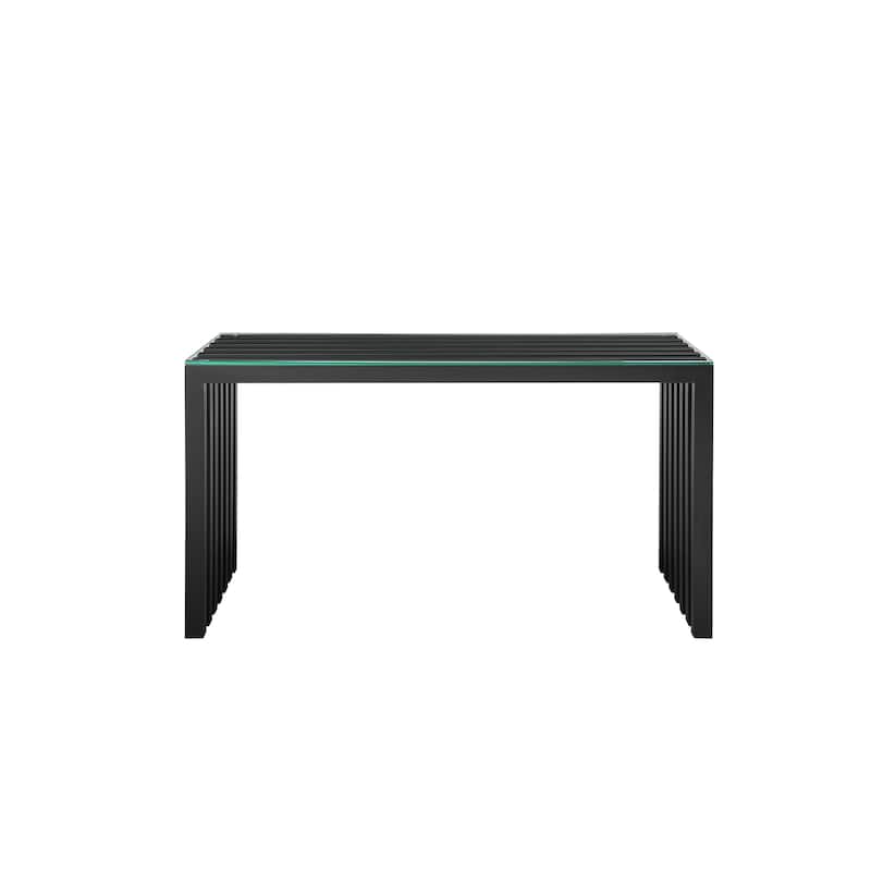 Namo 55 Inch Office Desk, Tempered Glass Top, Slatted Black Metal Frame