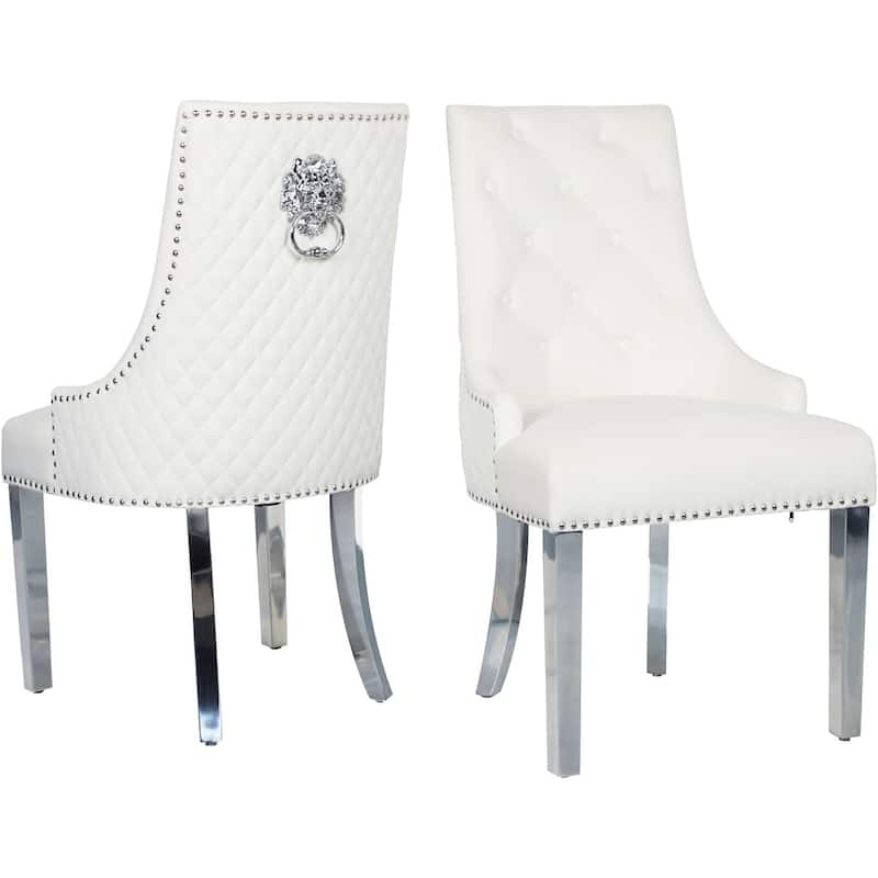 Velvet Dining Chairs Set of 2, Upholstered Tufted Nailhead Dining Room Chairs with Stainless Steel Legs & Lion Head Pull Ring - Beige