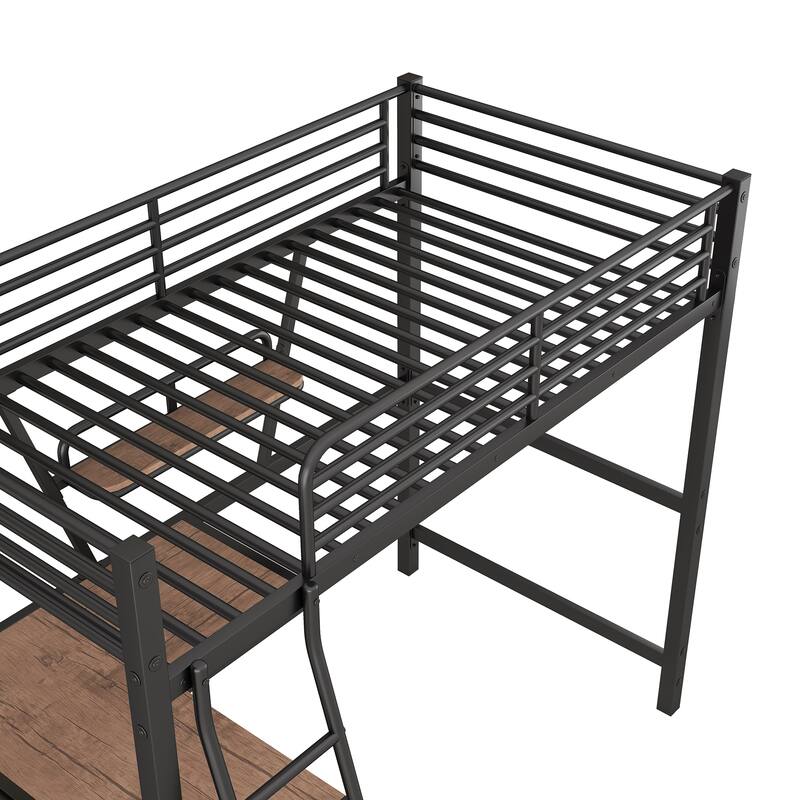 Twin Size Loft Bed with Desk and Shelf, Black