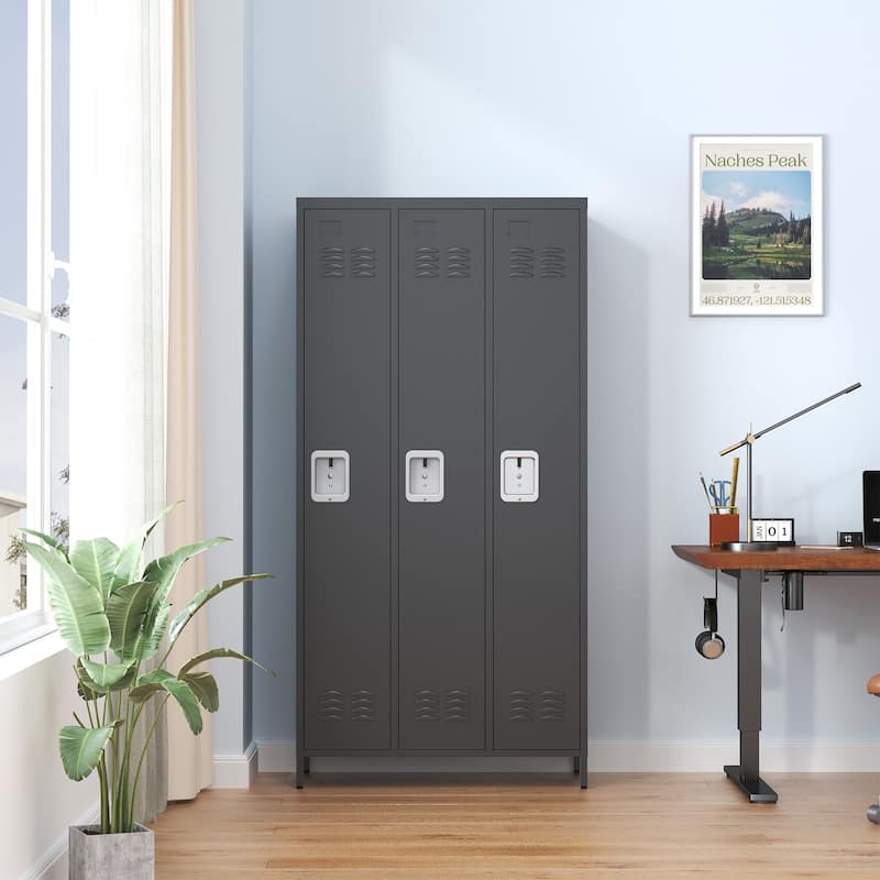 72"H Metal Lockers With 3 Door,Storage Cabinet With Lock for Employees,School,Gym - Black