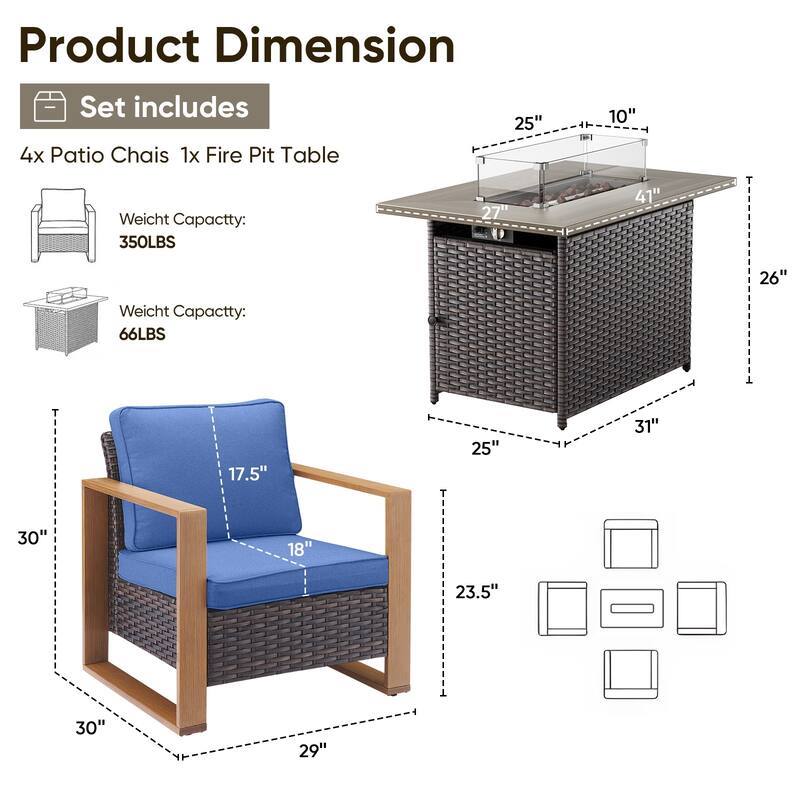 Pocassy 5 Pieces Outdoor Wicker Chair with Fire Table Set