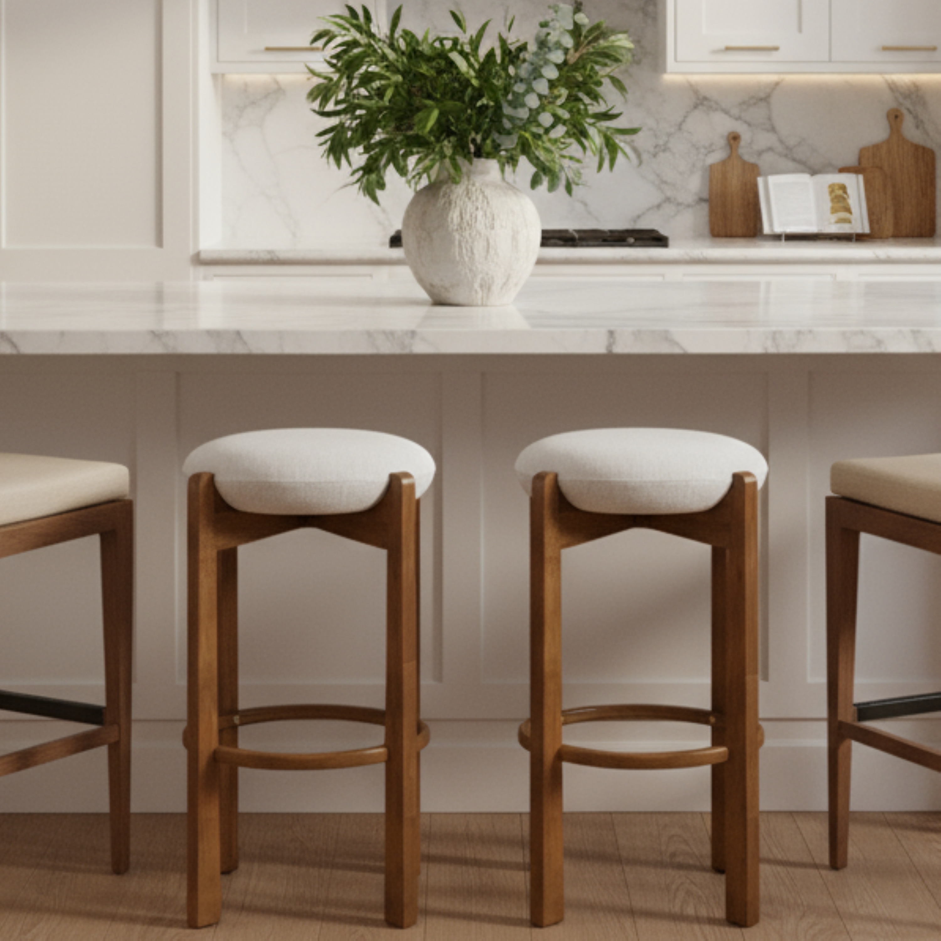Roomfitters Tara Indoor Rubberwood Barstools with Ivory Upholstery, Dark Walnut Finish