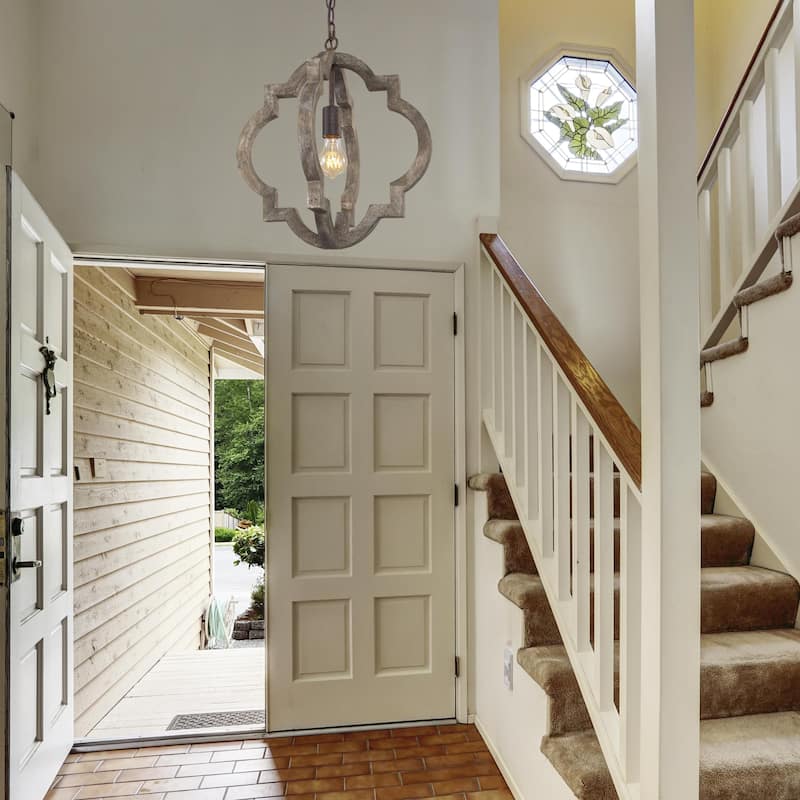 Farmhouse 1-Light Wood Lantern Chandelier Kitchen Island Pendant Lights - D 16"x H 17.5"