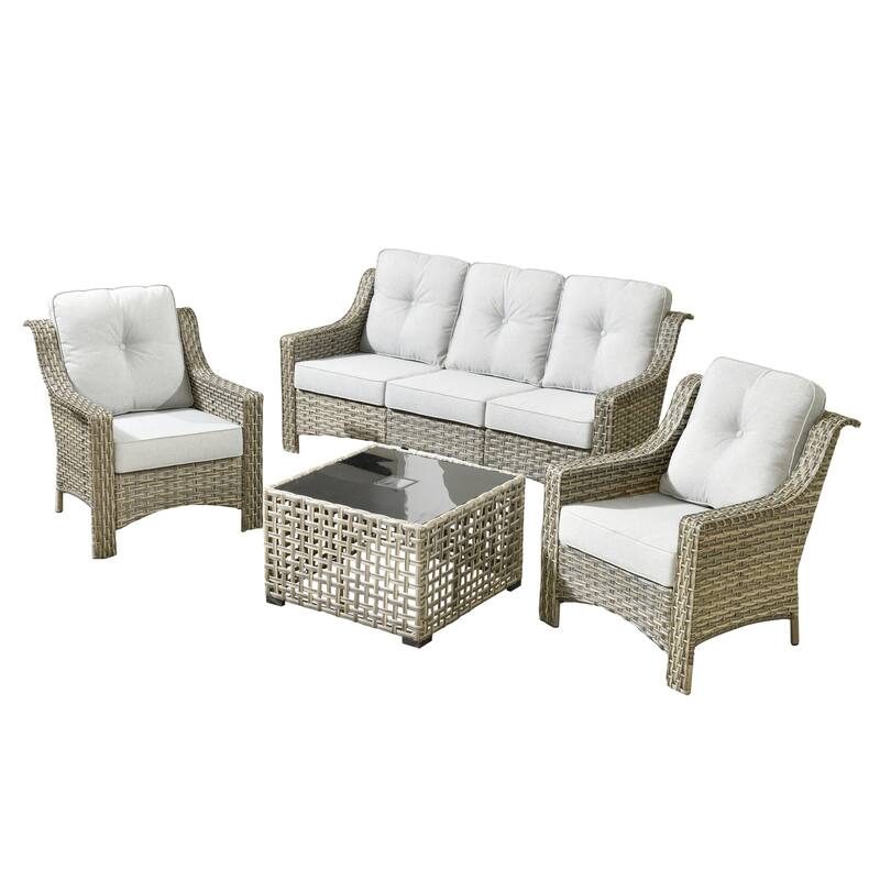HOOOOWOOO 5-piece Wicker Rattan Patio Outdoor Furniture Ergonomic Conversation Set with Coffee Table