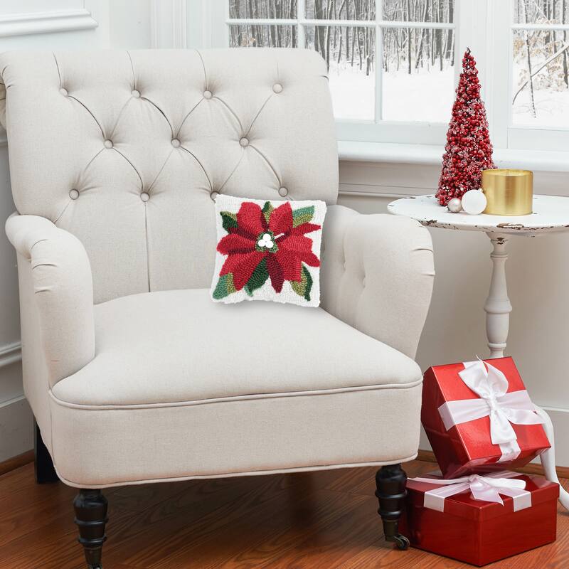 8" x 8" Poinsettia Hooked Petite Christmas Holiday Throw Pillow