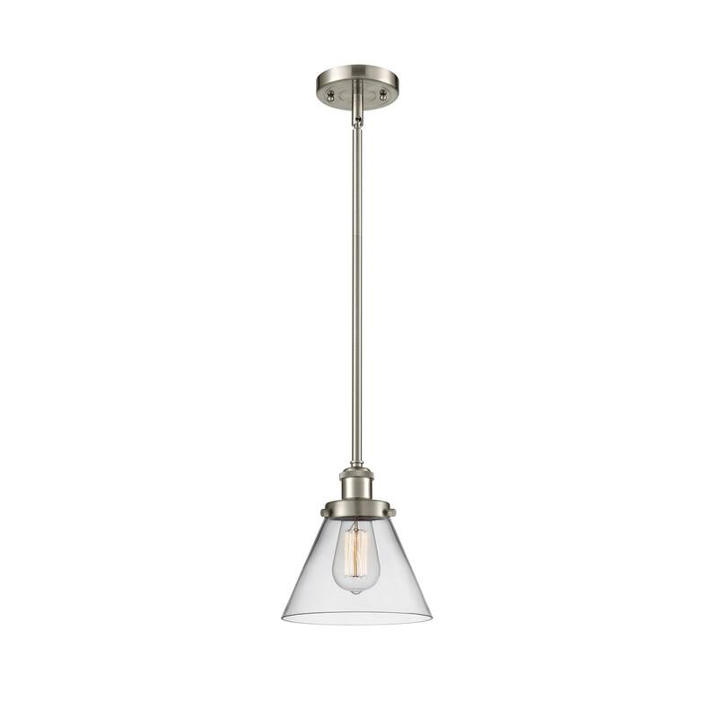 Innovations Lighting Large Cone 8" Wide Mini Pendant - Rod Hung - Brushed Satin Nickel / Clear