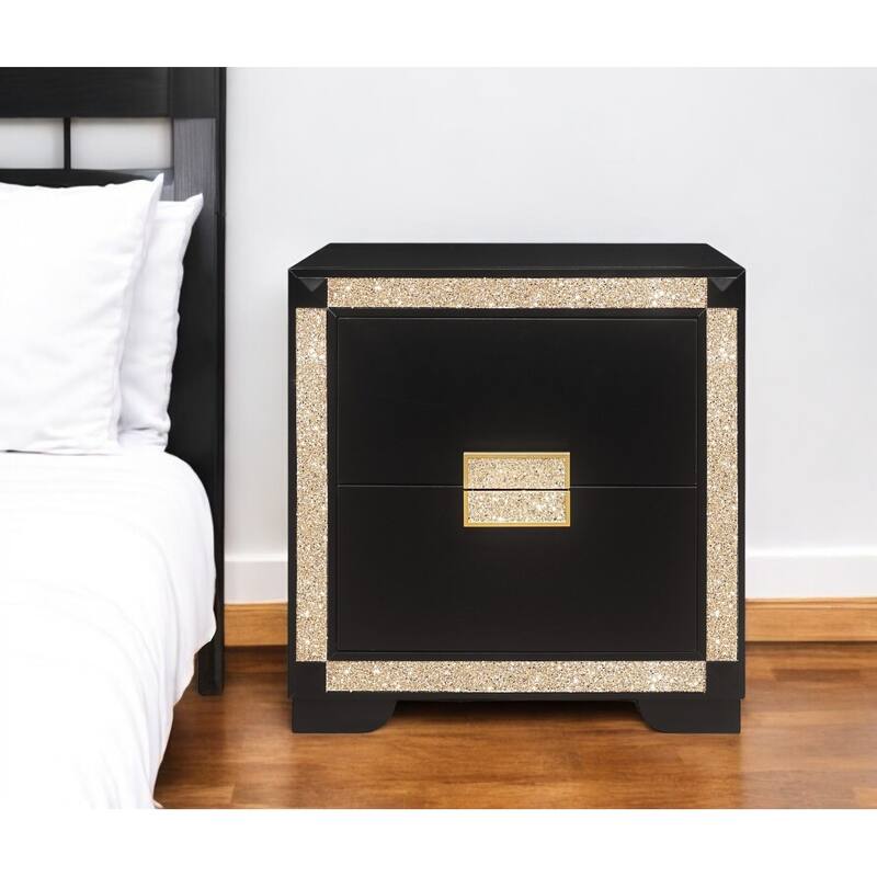 26" Black and Gold Two Drawer Faux Crystal Bling Wood Nightstand - Black - 2-drawer