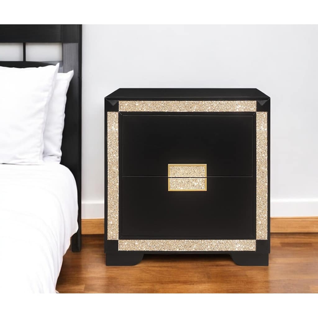 26" Black and Gold Two Drawer Faux Crystal Bling Wood Nightstand