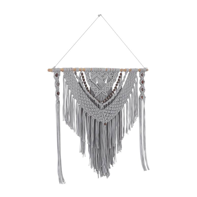 Cotton Fabric Macrame Handmade Intricately Weaved Wall Decor with Beaded Fringe Tassels - Gray - Roche River Decor