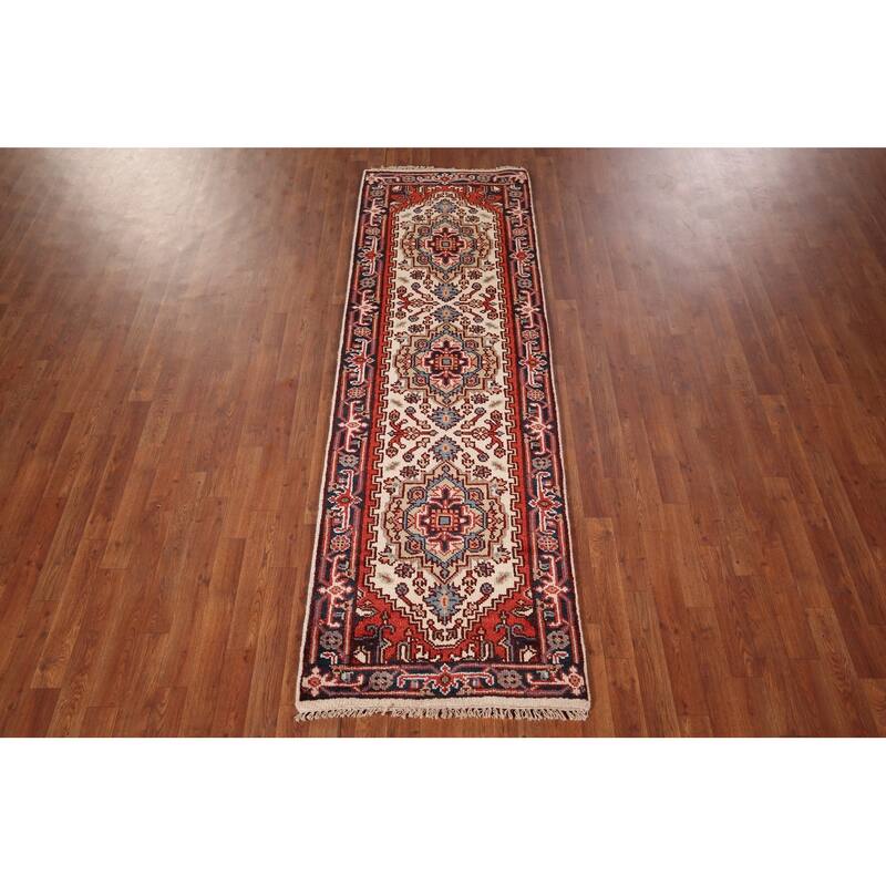 Ivory Geometric Heriz Serapi Oriental Runner Rug Handmade Wool Carpet - 2'7"x 8'1"