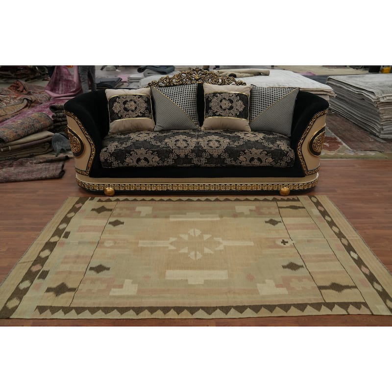 Hand Woven Oriental 100% Wool Carpet Southwestern Tribal Beige & Ivories Kilim Area Rug - 8' 2'' X 4' 8''
