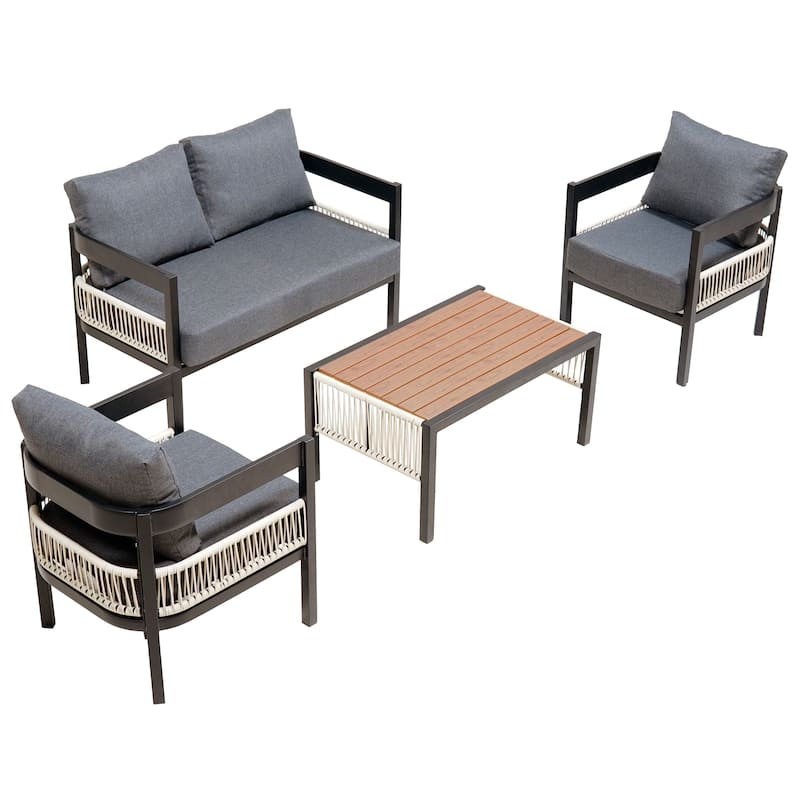 4-Piece Outdoor Iron Cnversation Sofa Set with Coffee Table, Rattan Decoration