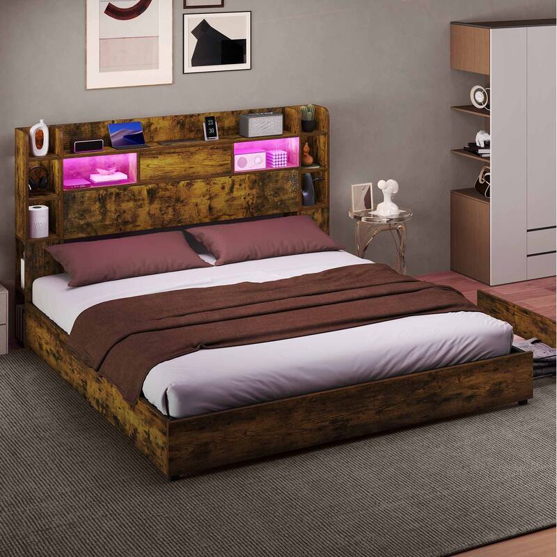 Queen/King Size LED Bed Frame with Bookcase Headboard, 4 Storage Drawers and Charging Station