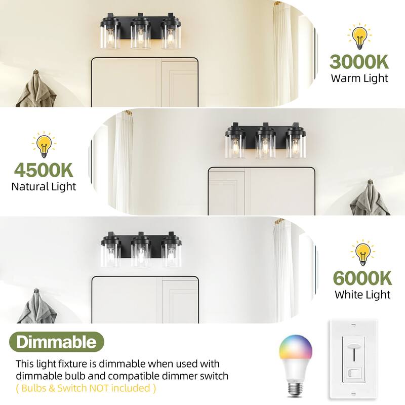 3 Light Bathroom Vanity Light, Matte Black Bathroom Light Fixtures with Clear Glass Shade, Vanity Light Fixtures Over Mirror