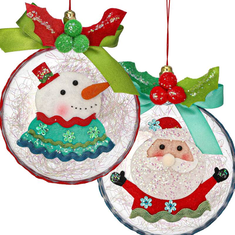 4.5" Disk With Felt Snowman Santa Ornament Set of 2
