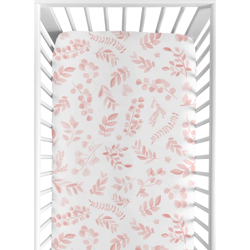 Blush Pink and White Floral Leaf Girl Fitted Crib Sheet Boho Chic Bohemian Watercolor Botanical Flower Woodland Tropical Garden - Blush Pink and White - Nature/Baby Girl