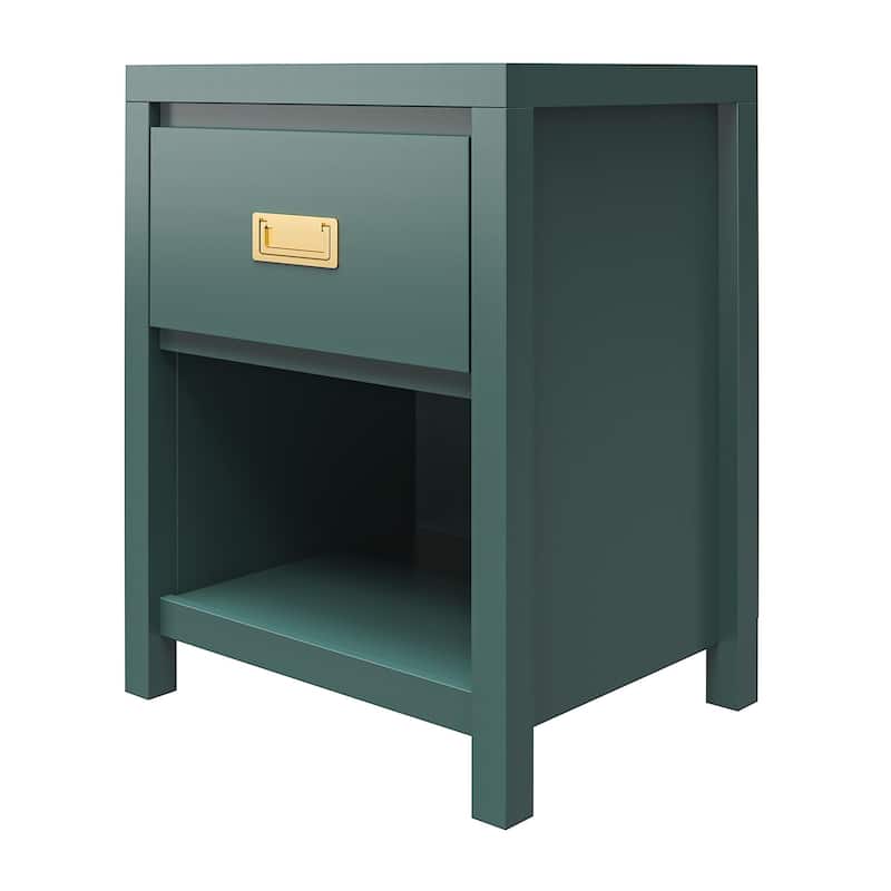 Roomfitters Haven 1 Drawer Kids Nightstand with Open Cubby, Vintage Gold Hardware, Green