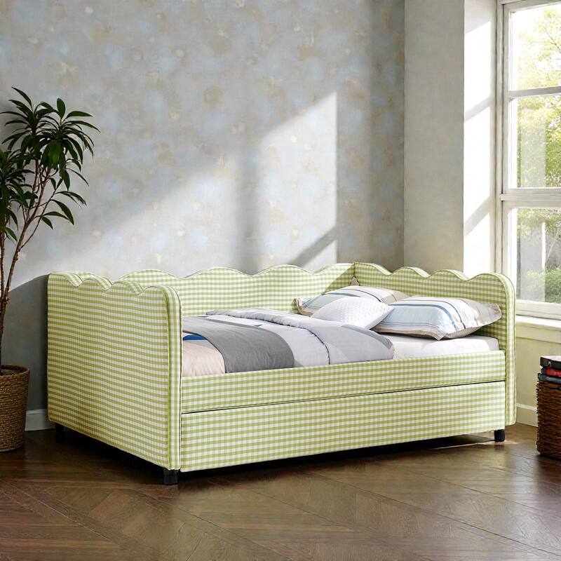Full Size Gingham Daybed with Twin Trundle, Linen Sofa Bed with USB Port and Wave Shaped Design