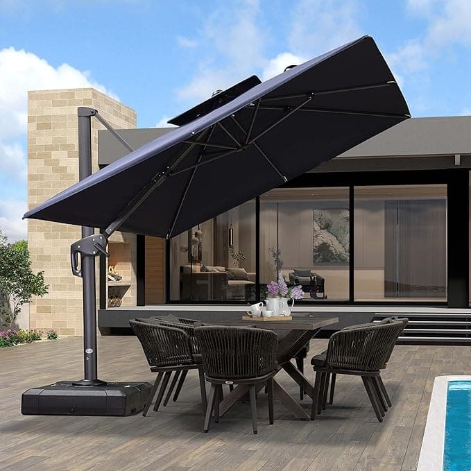 PURPLE LEAF Patio Cantilever Umbrella with 360 Degree Rotation - 9x12ft-Navy Blue