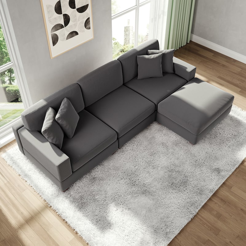 Modular Corduroy Sectional Sofa Set Chaise Couch with Ottoman