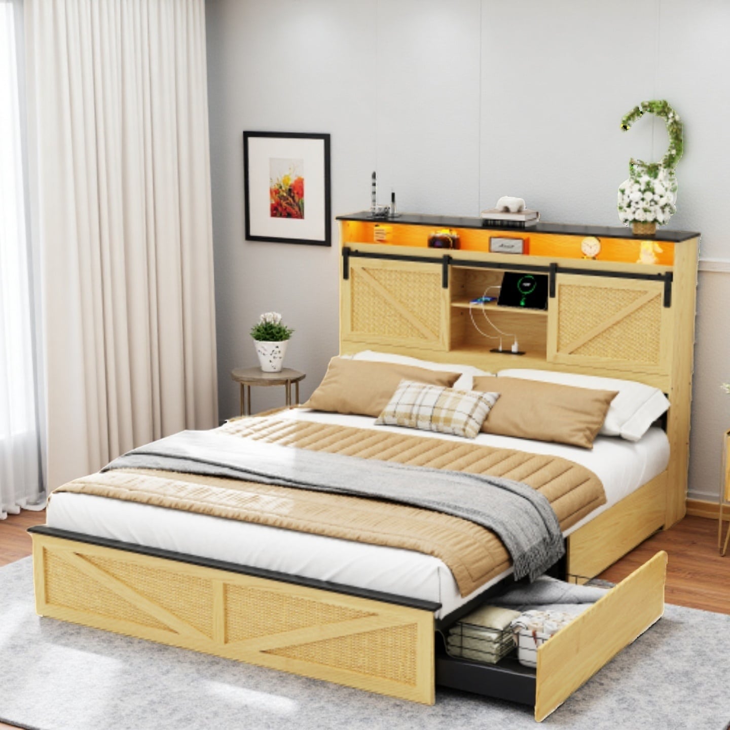 Full Size Farmhouse Platform Bed with Storage Headboard, RGB LED Lighting, Built-In Charging Ports and Dual Underbed Drawers