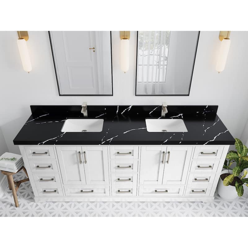 Willow Collection 84 in W x 22 in D x 36 in H Boston Double Bowl Sink Bathroom Vanity with Countertop - 2"Calacatta Black - White