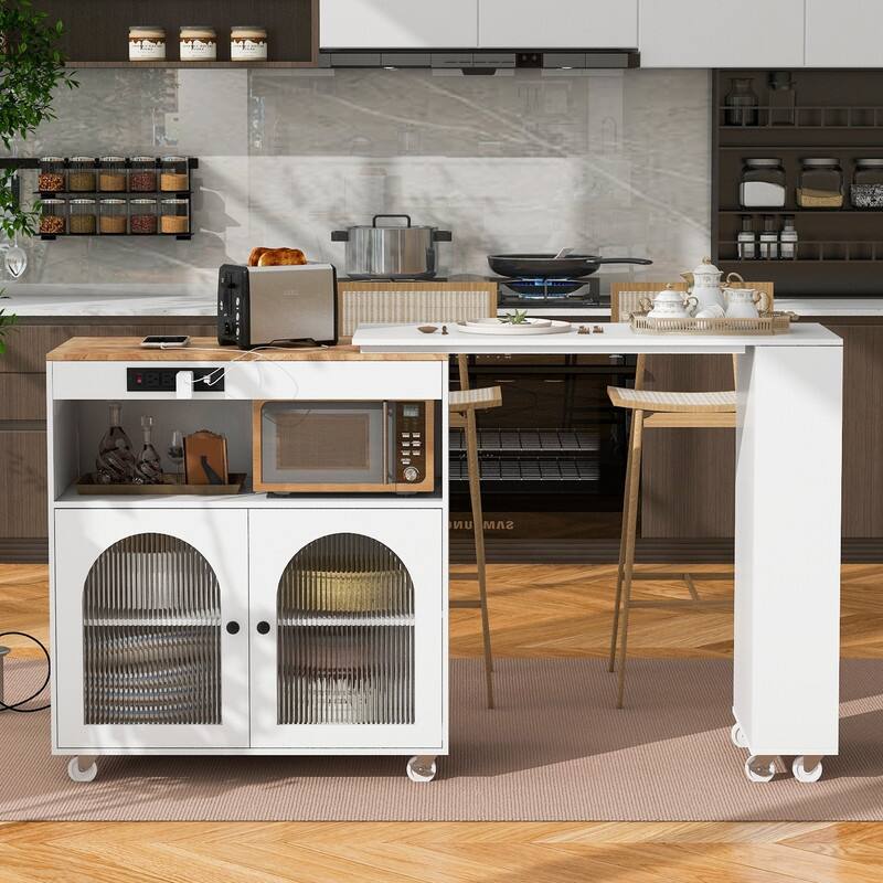 Rolling Kitchen Island With Extension Table, Power Outlet - White