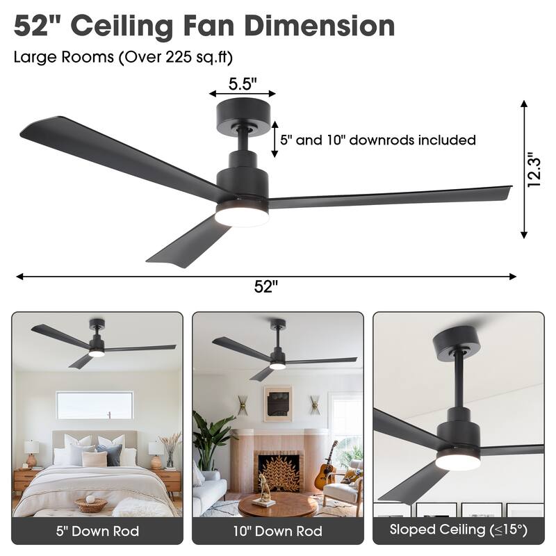 52" Modern Integrated LED Black Ceiling Fan with Light and Remote
