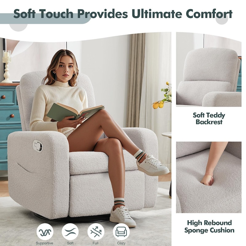 Swivel Manual Recliner Chair Teddy Fabric Nursery Glider Rocking Recliner Set of 2