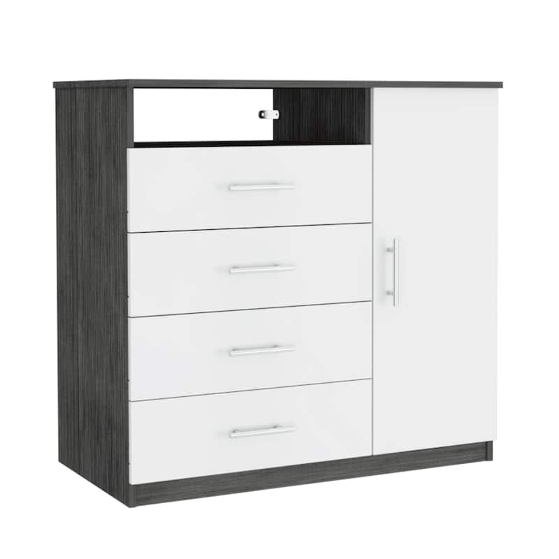 TUHOME Peru 4 Drawer Dresser with Vertical Cupboard & Open Shelf