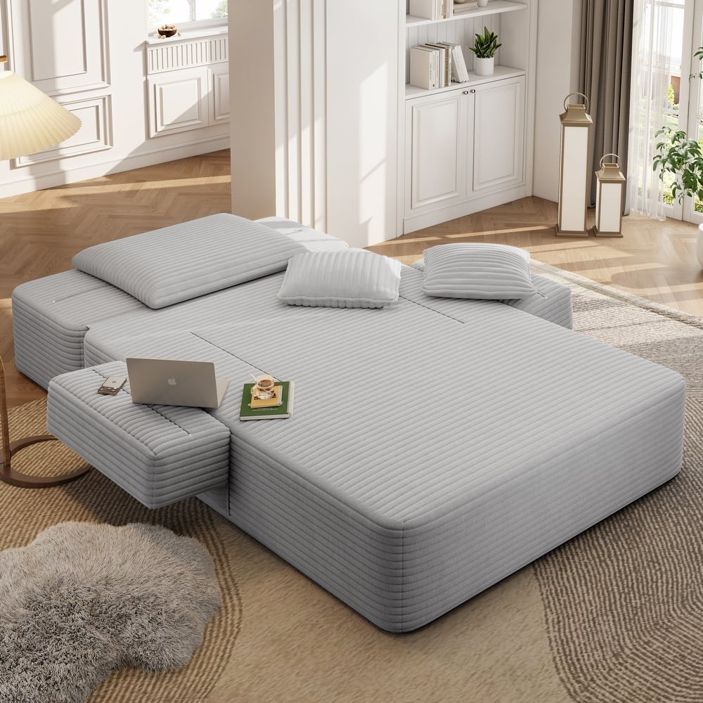 Luxurious Plush Corduroy Chaise Lounge Convertible Sofa Bed with Storage Pocket and Wide Armrests
