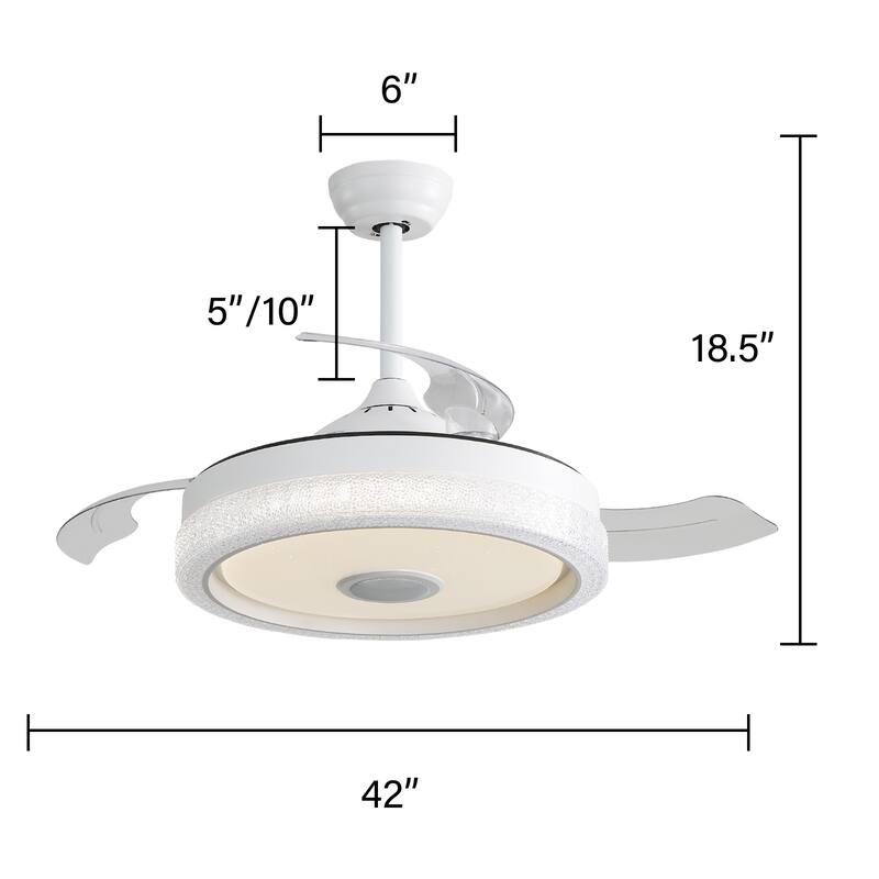 Modern 42 Inch Invisible Ceiling Fan with Bluetooth Player & Retractable ABS Blades, Dimmable LED Ceiling Fan Light, White