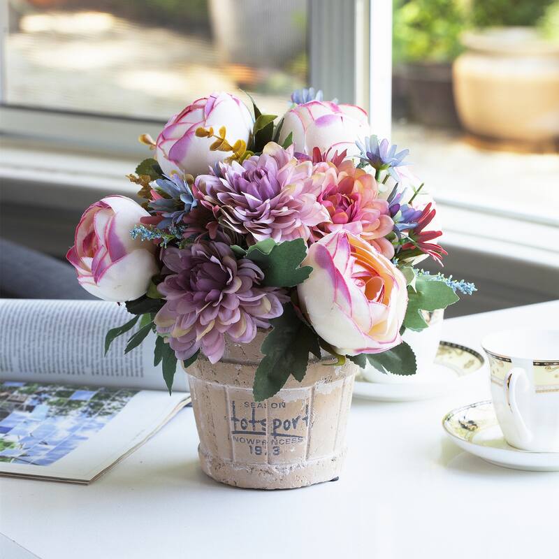 Enova Home Mixed Artificial Silk Daisy and Peony Fake Flowers Arrangement in Pot for Home Garden Wedding Decoration