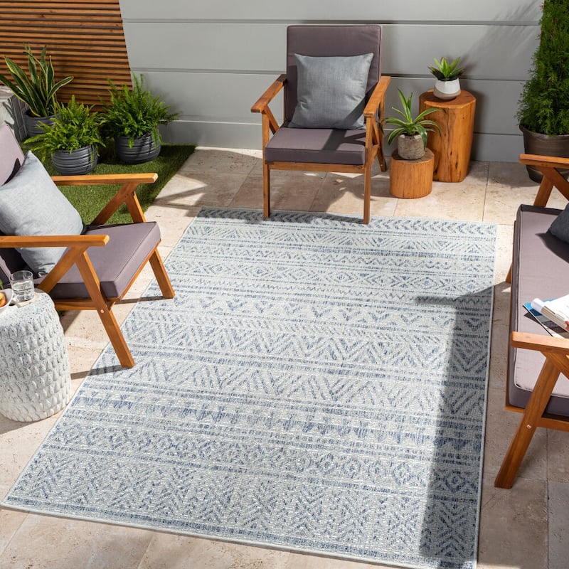 Livabliss Eagean Global Indoor/Outdoor Area Rug - 7'10" x 7'10" Square - Blue/Grey