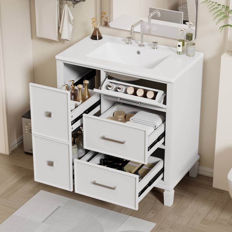 30" Bathroom Vanity with Ceramic Sink, Flip-Out Drawer, Soft Close Doors & Drawers Cabinet with Solid Wood Legs - White