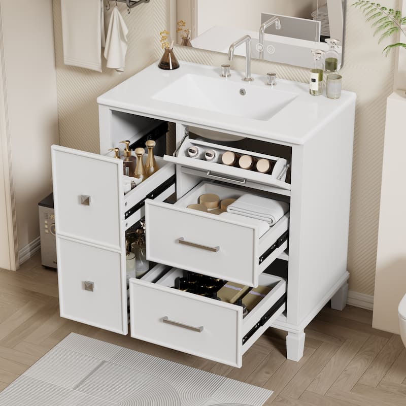 Classic 30-Inch Bathroom Vanity Set‌ - White Painted MDF Cabinet with Ceramic Sink & Flip-Out Plumbing Drawer.
