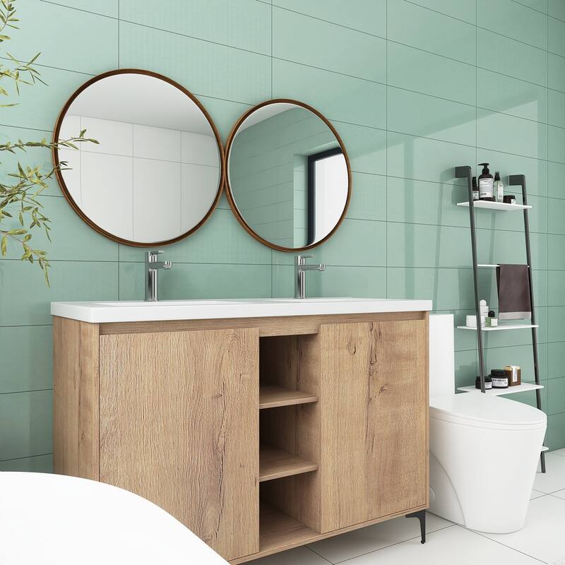 48 Inch Plywood Wall-Mounted Bathroom Vanity Set in Imitative Oak with Integrated Double Resin Sink