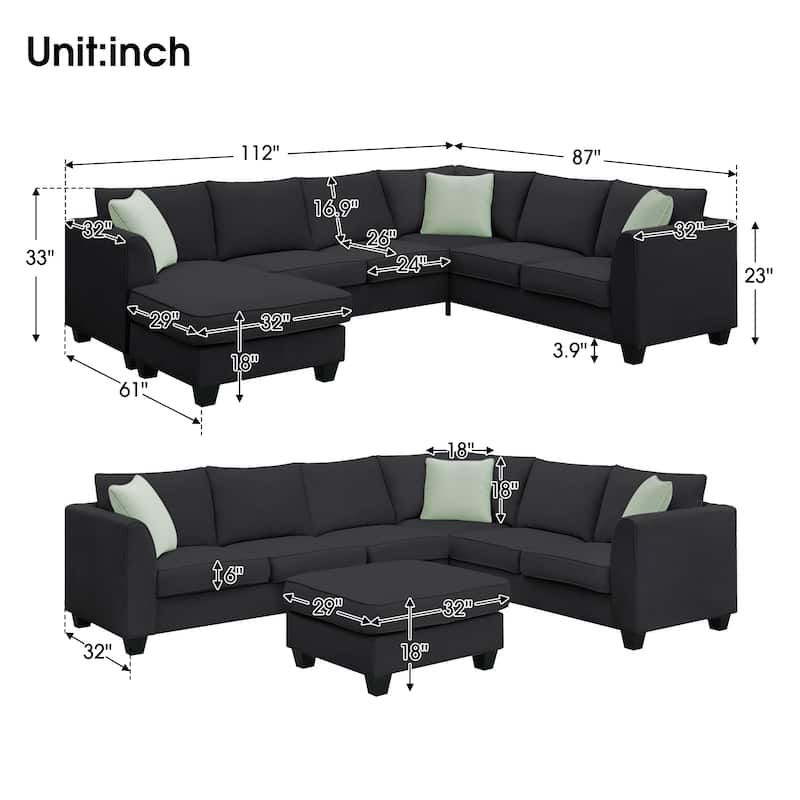 112-inch L-shaped 7-seat Modular Sectional Sofa with Ottoman and Three Pillows - 112"W x 87"D x 33"H
