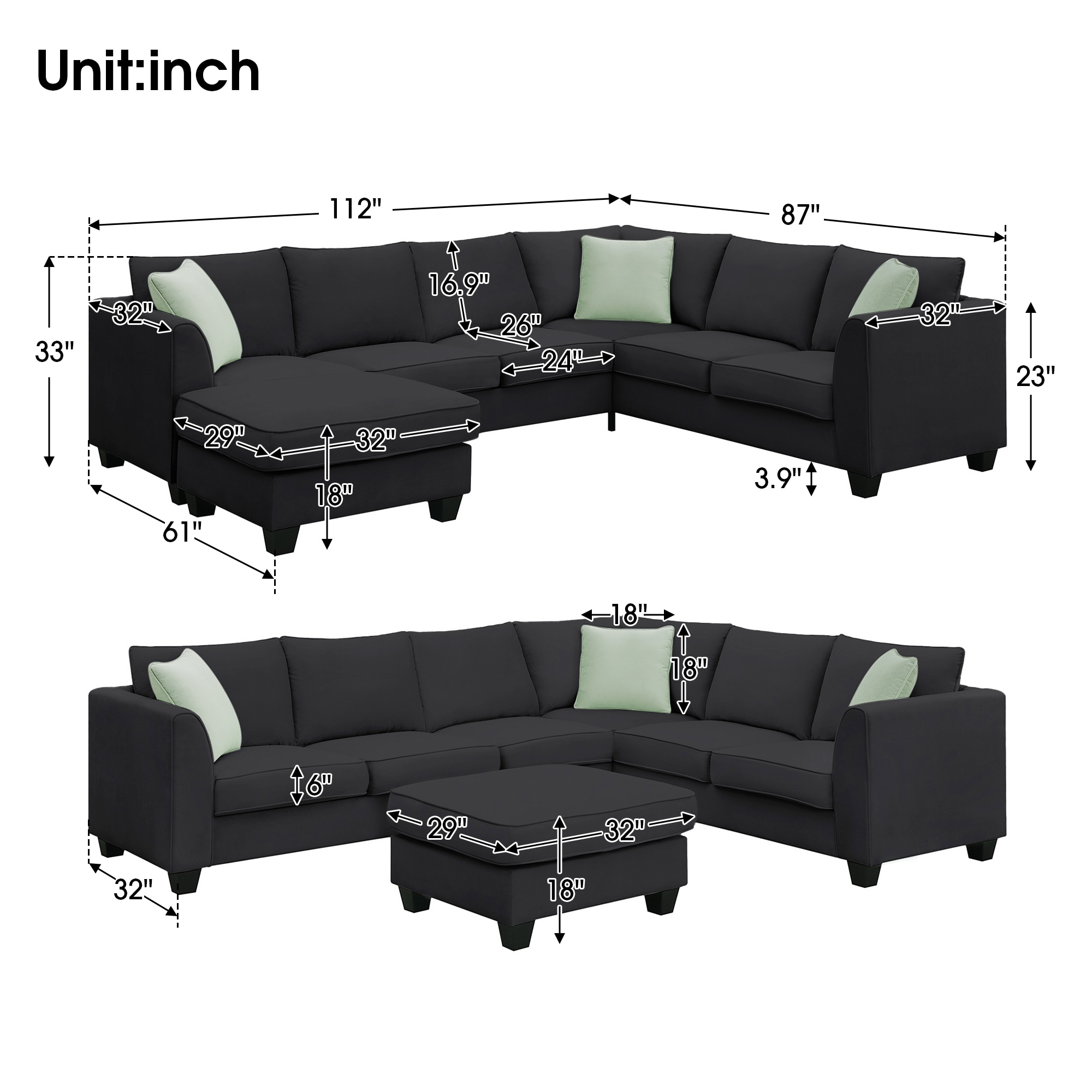 7 Seats Sectional Sofa Set L shape Fabric Corner Couch Set for