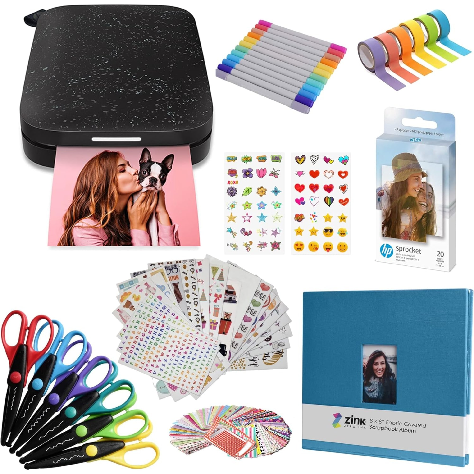 HP Sprocket Portable 2x3" Instant Photo Printer (Black Noir), Accesories & Scrapbook Bundle