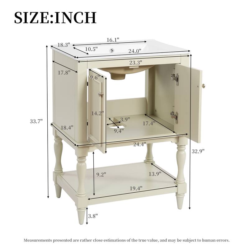 24" Modern Luxury Bathroom Vanity with Ceramic Sink, Compact Cabinet with Open Shelf & Closed Storage