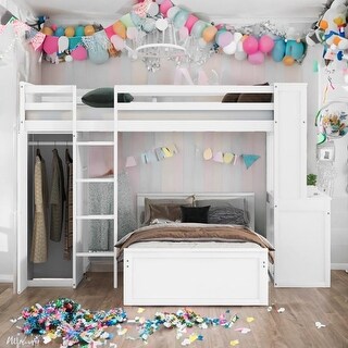Twin Loft Bed with Twin Stand-alone bed, Shelves,Desk,and Wardrobe